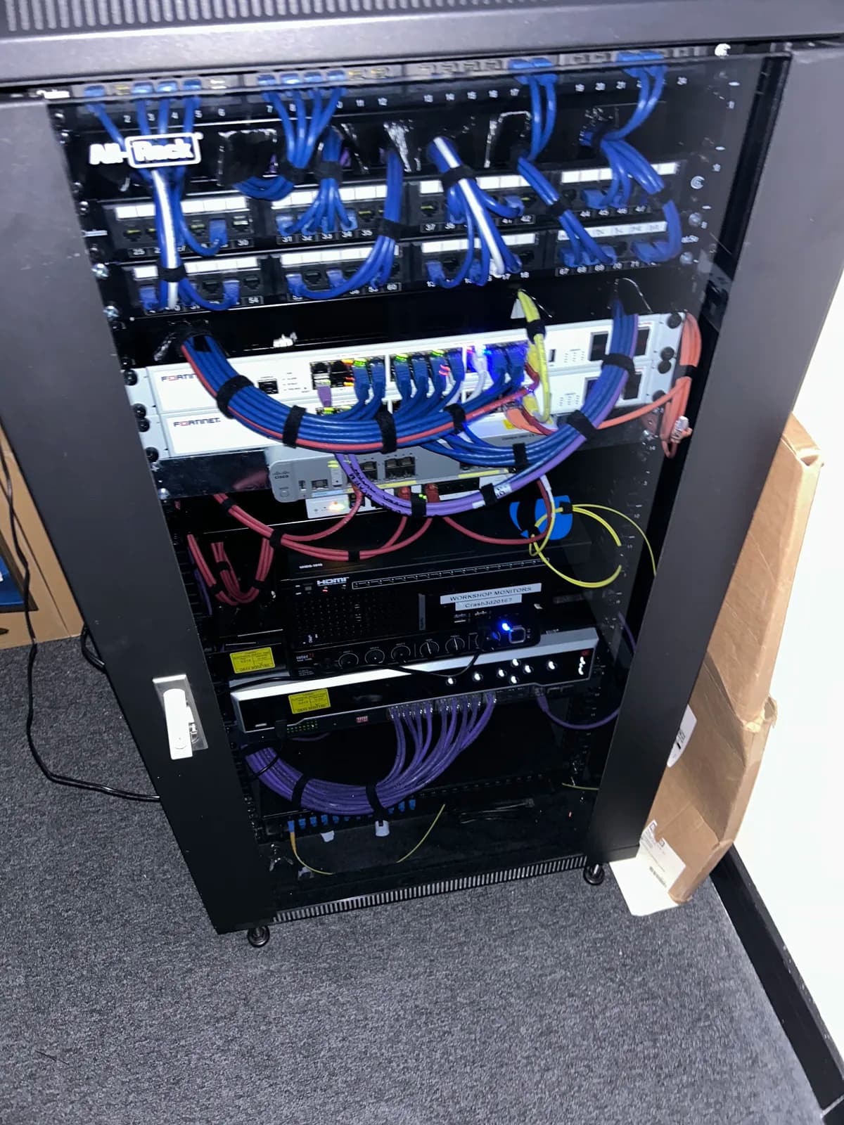 CCTV recorder and network rack in a cabinet